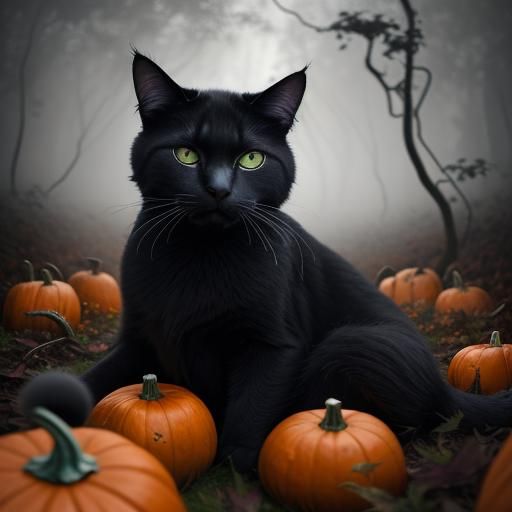 Black Cat on Pumpkins in Misty Autumn Forest
