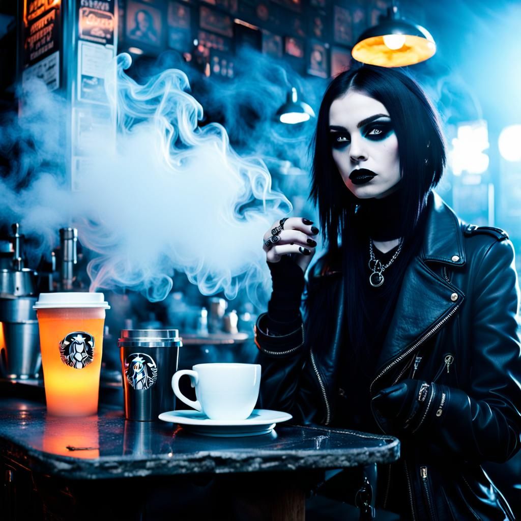 Goth Model in Amber Neon Coffee Shop