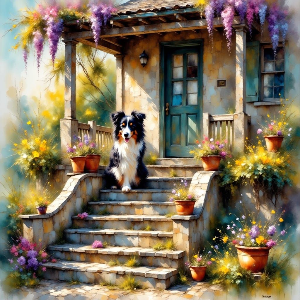 Border Collie on Flower-Adorned Porch as Impasto Painting