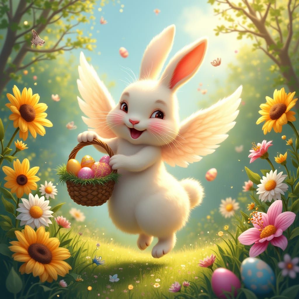 Angelic Easter Bunny Dances in Vibrant Garden