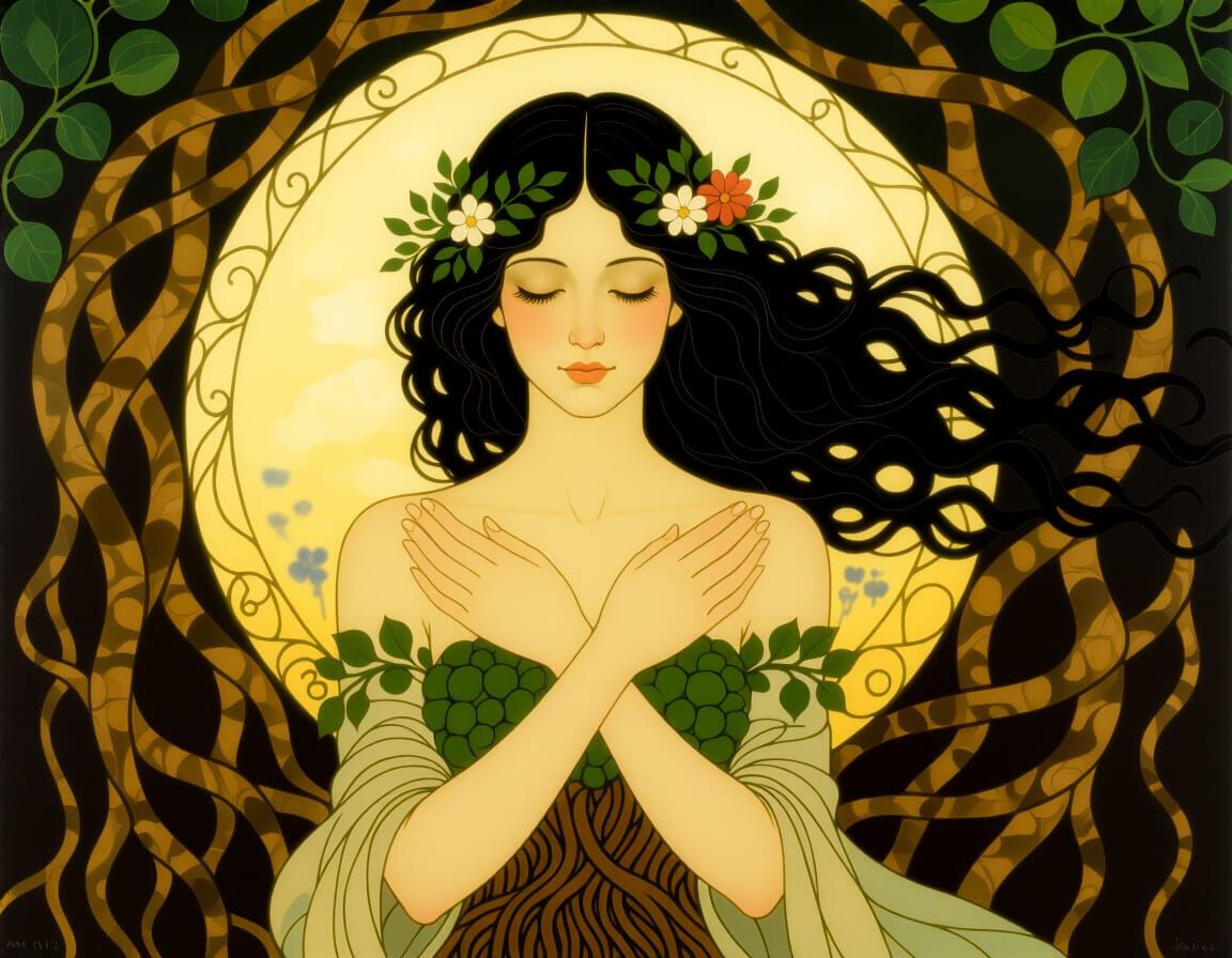 Ethereal Earth Goddess in Klimt and Mucha Style