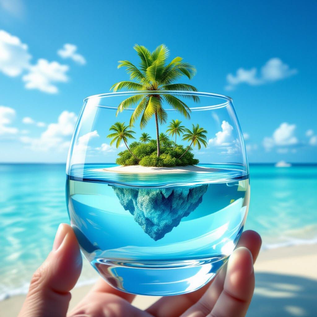 Tropical Island Floating in Glass of Water