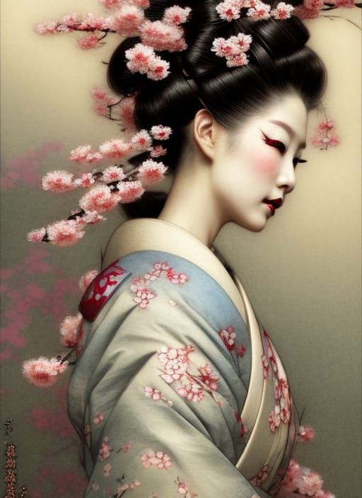 Geisha with Cherry Blossoms by Krenz Cushart