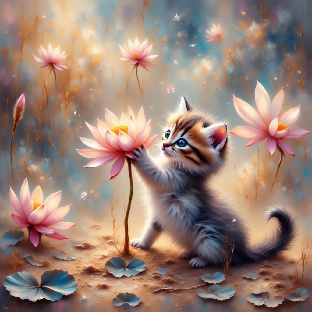 Impasto Painting of Kitten with Celestial Lotus on Sandy Bea...