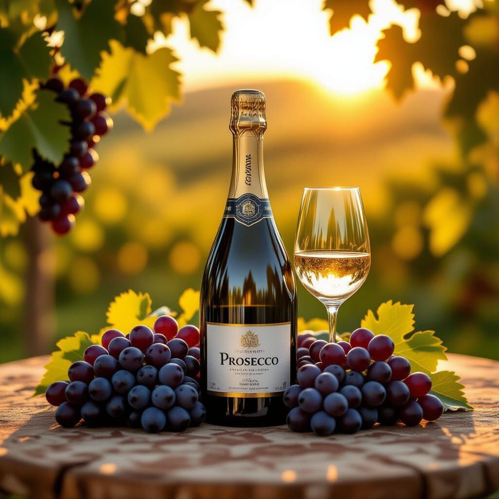 Prosecco Wine and Grapes in Golden Tuscan Sunlight