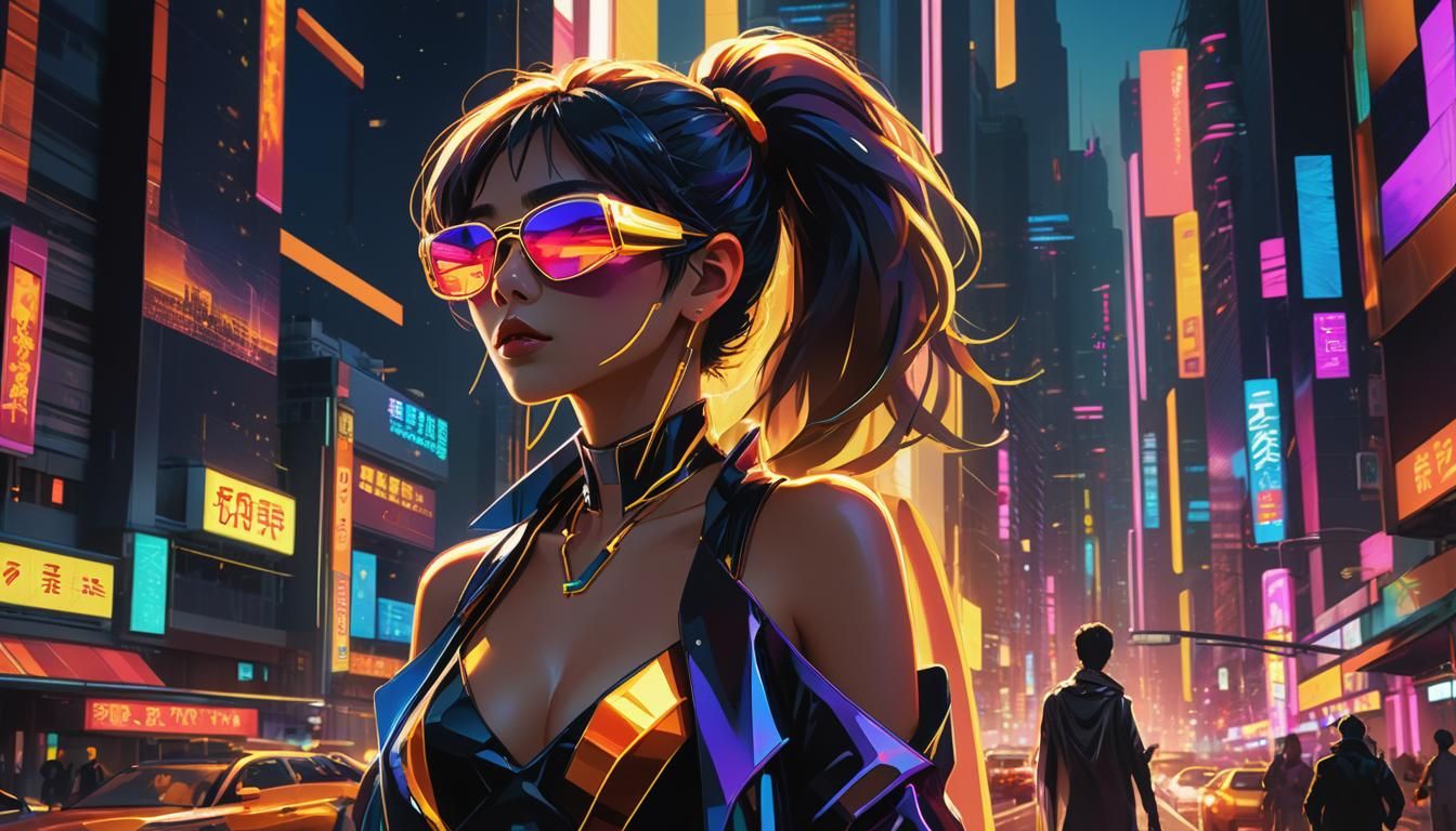 Futuristic Woman in Neon City, Stylized Anime Art