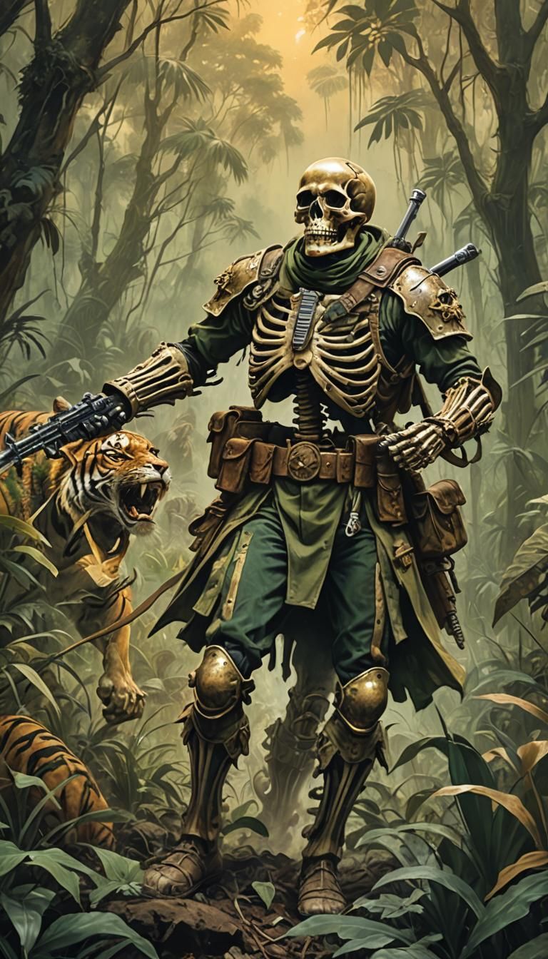 Skeleton Soldier Battles Tiger Men: Historical Fantasy Art