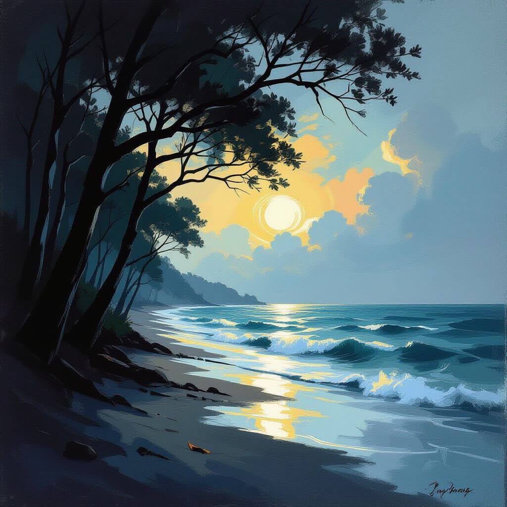 Turbulent Seascape with Trees in Impressionist Style