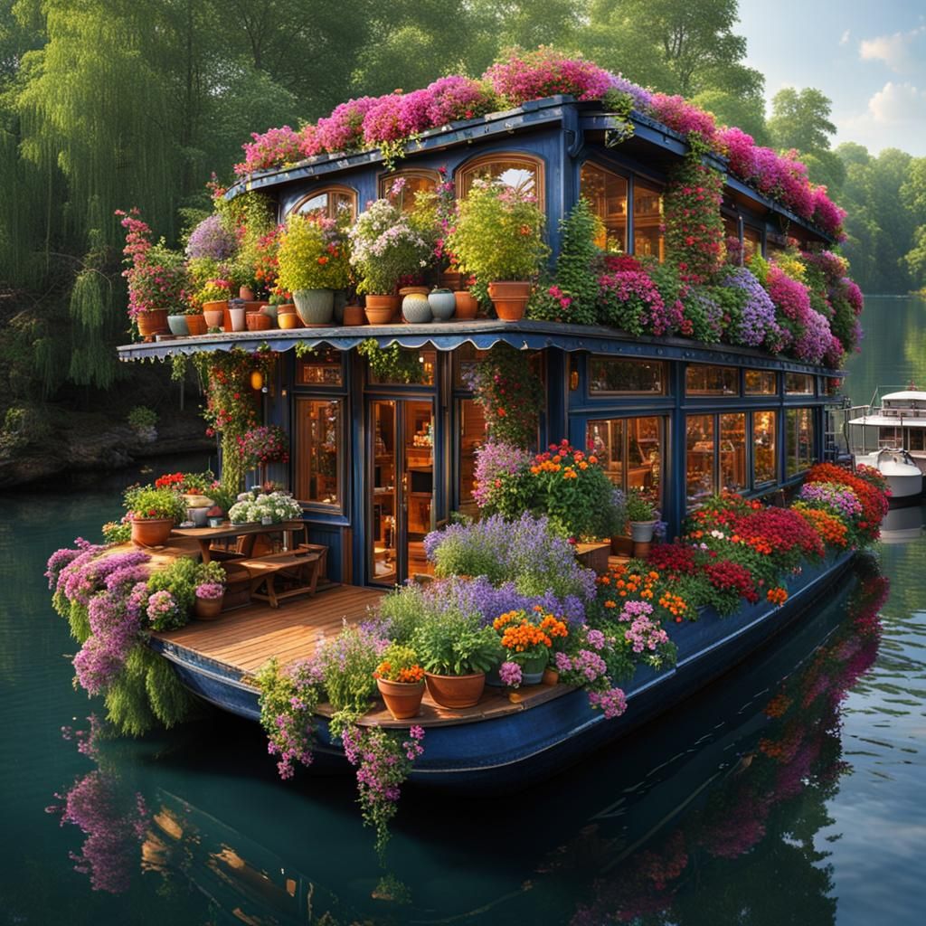Stunning Flower-Adorned Houseboat on the Water