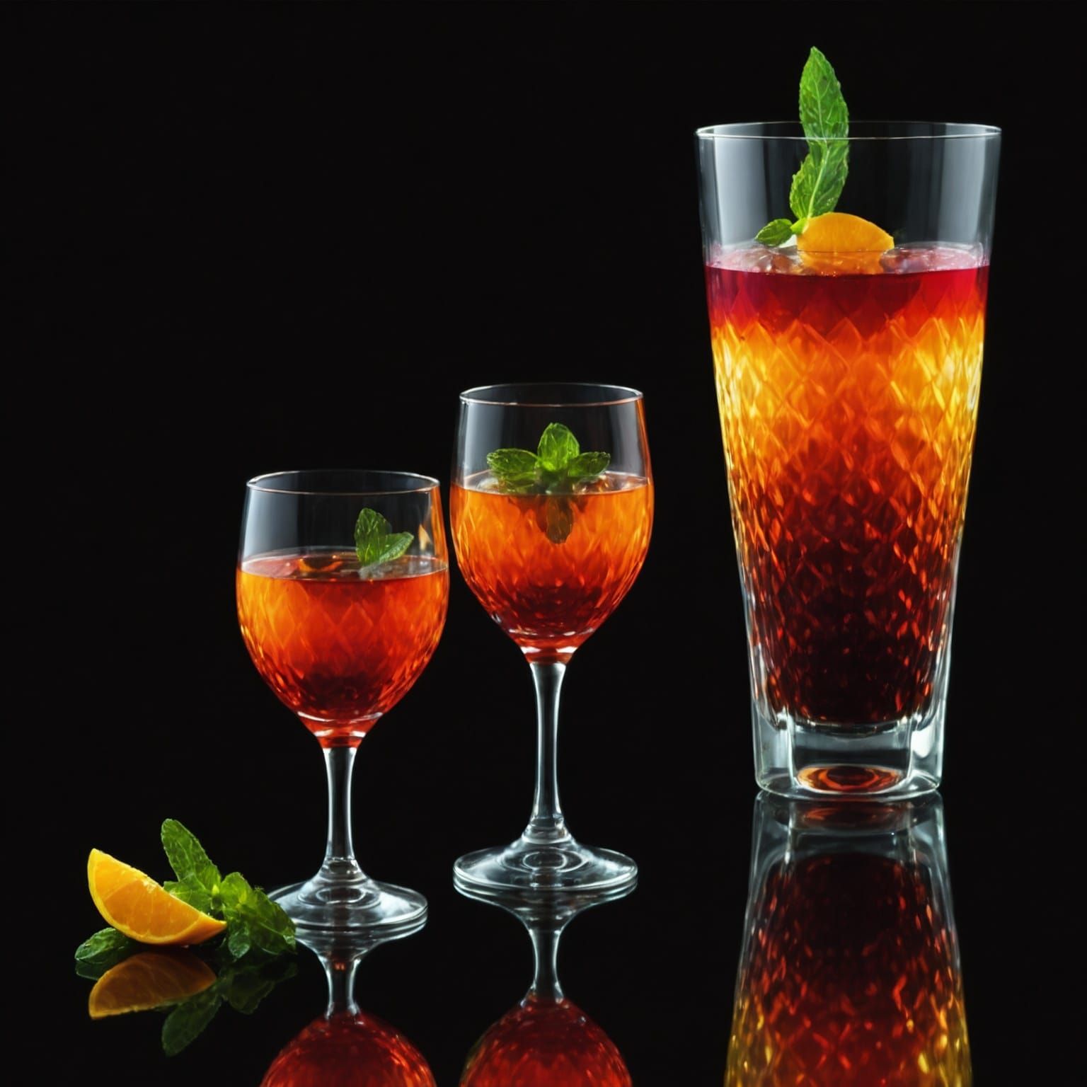 A vibrant, orange-red cocktail in a tall, elegant glass. The...