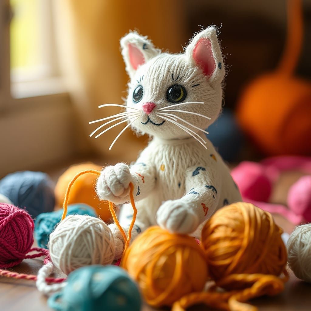 Cute String Cat Plays with Colorful Yarn Balls