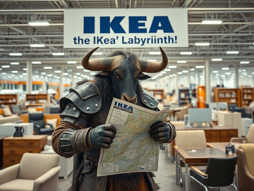 A minotaur getting lost in an IKEA maze