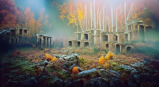 Autumn Forest Ruins with Ancient Barracks