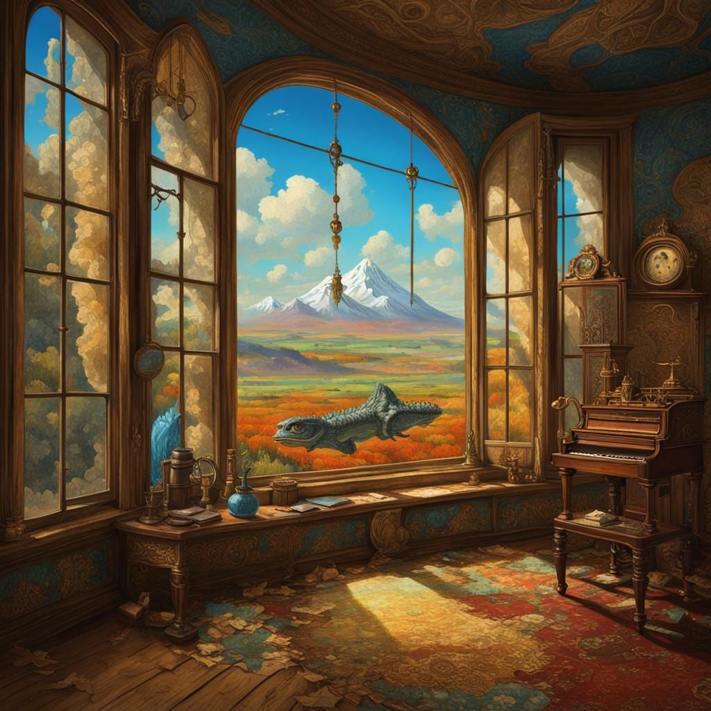 Dragon Eye Peering into Fantasy Room in Steampunk Style