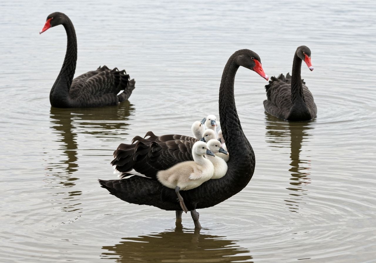 Black Swan Nurturing White Cygnets in Calm Water