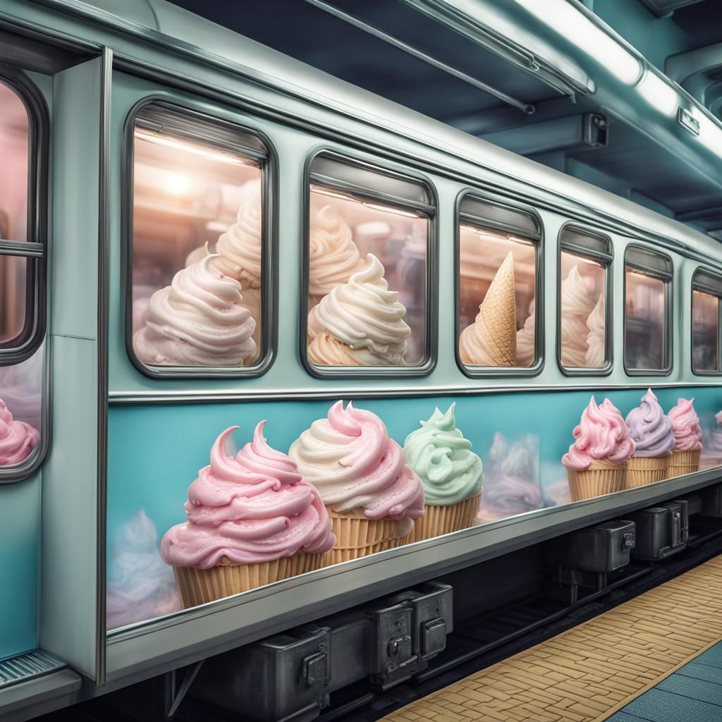 Pastel Ice Cream Subway Train: Hyperrealistic Dreamscape
