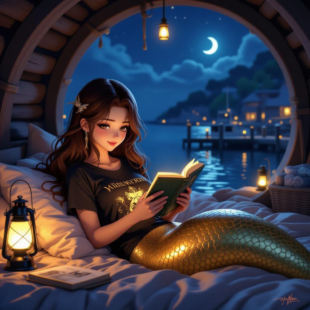 Mermaid Reading by Lantern Light in Coastal Grotto
