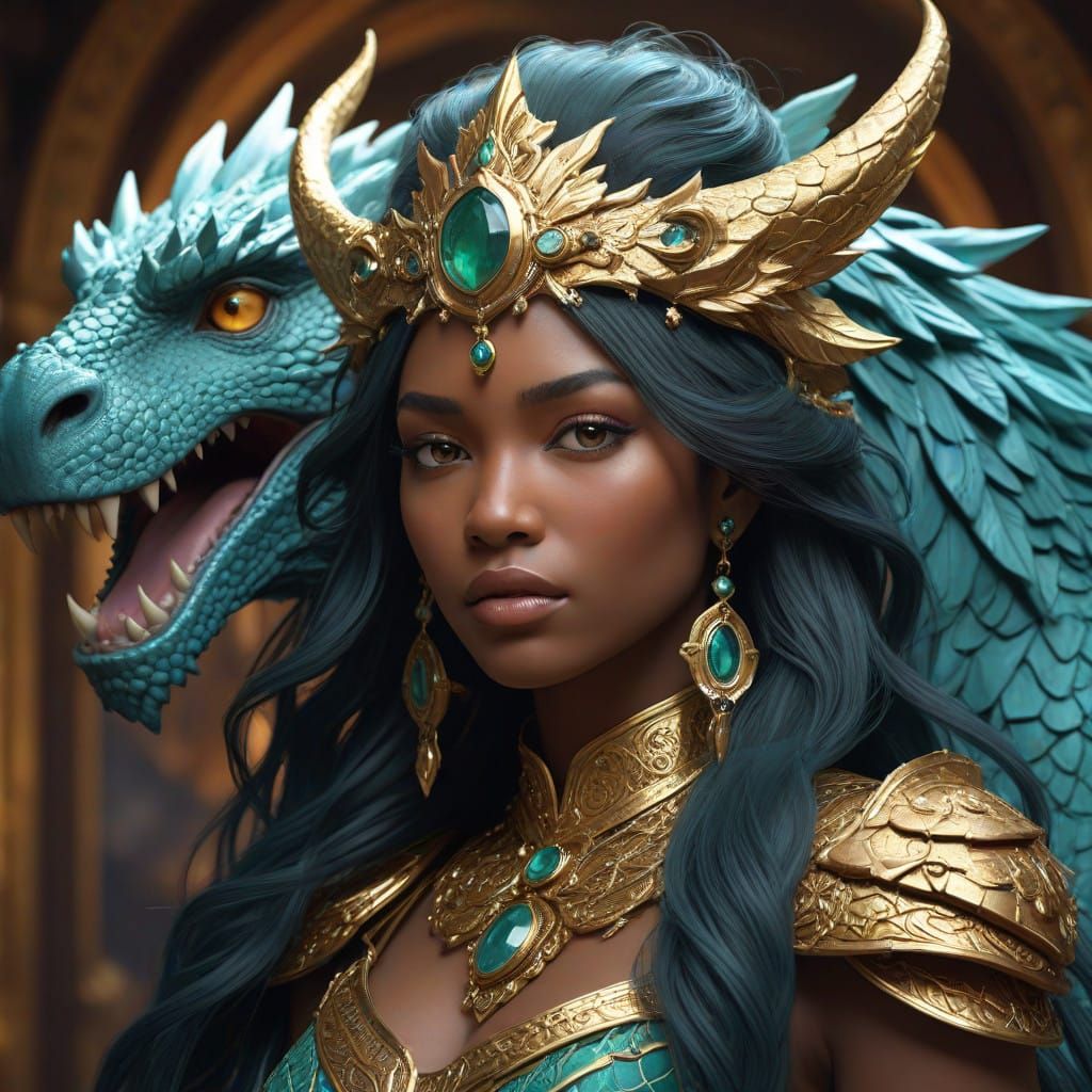 Regal Ebony Goddess on Dragon in Game of Thrones Style