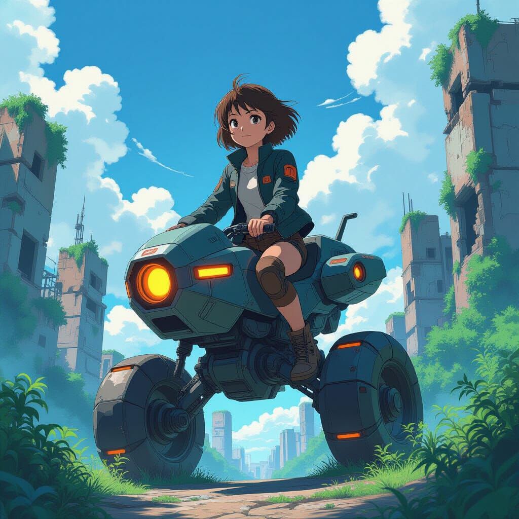 Girl Rides Mech in Anime Sci-Fi Landscape