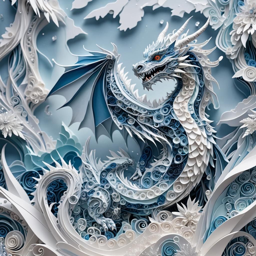 Majestic Ice Dragon in Quilling Art Style