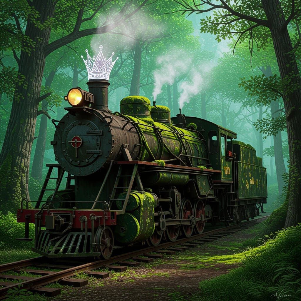Overgrown Train in Forest Clearing with Spectral Crown