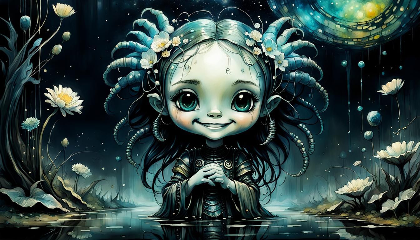 Whimsical River Girl with Cosmic Flowers