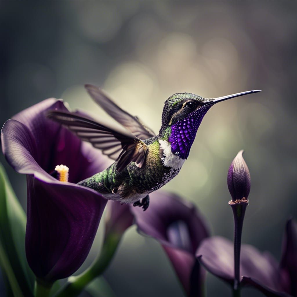 Hummingbird and Dark Purple Calla Lily in HDR
