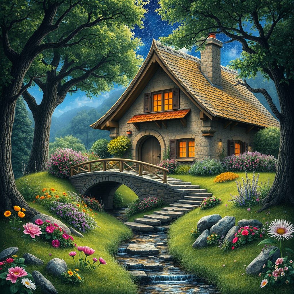 Charming Hobbit Cottage with Lush Garden, Astral Illustratio...