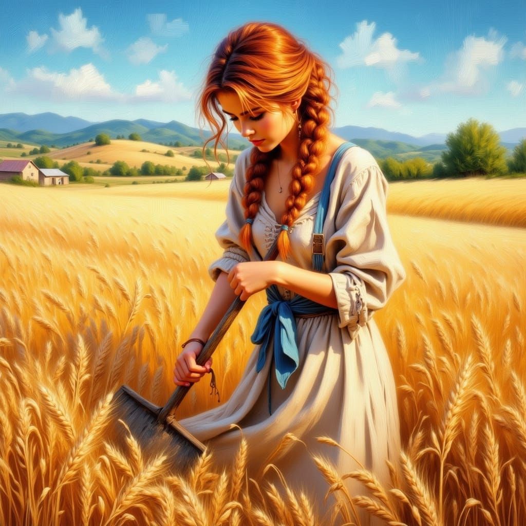 Woman Harvesting Wheat in Sunlit Field