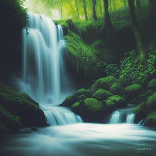 Impressionistic Waterfall Scene with Soft Brushstrokes