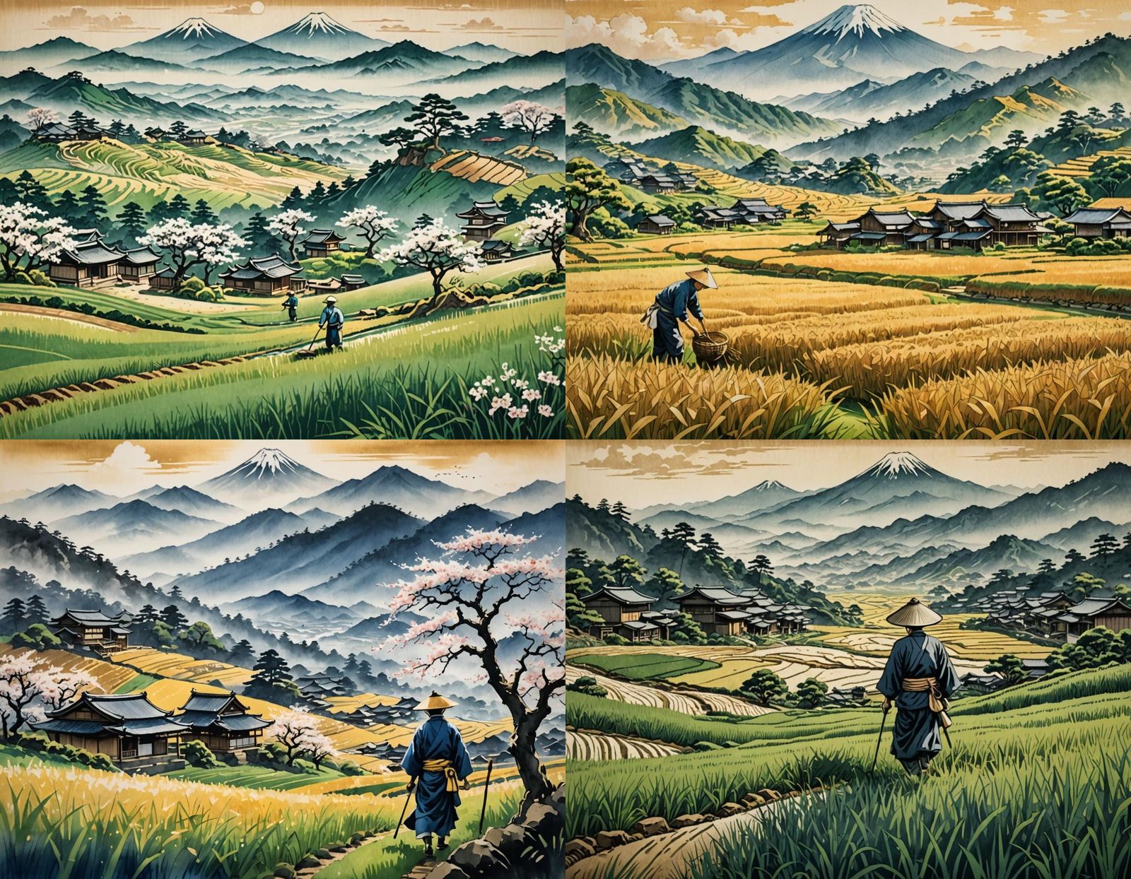 Picturesque Japanese Farmer in Ink Landscape