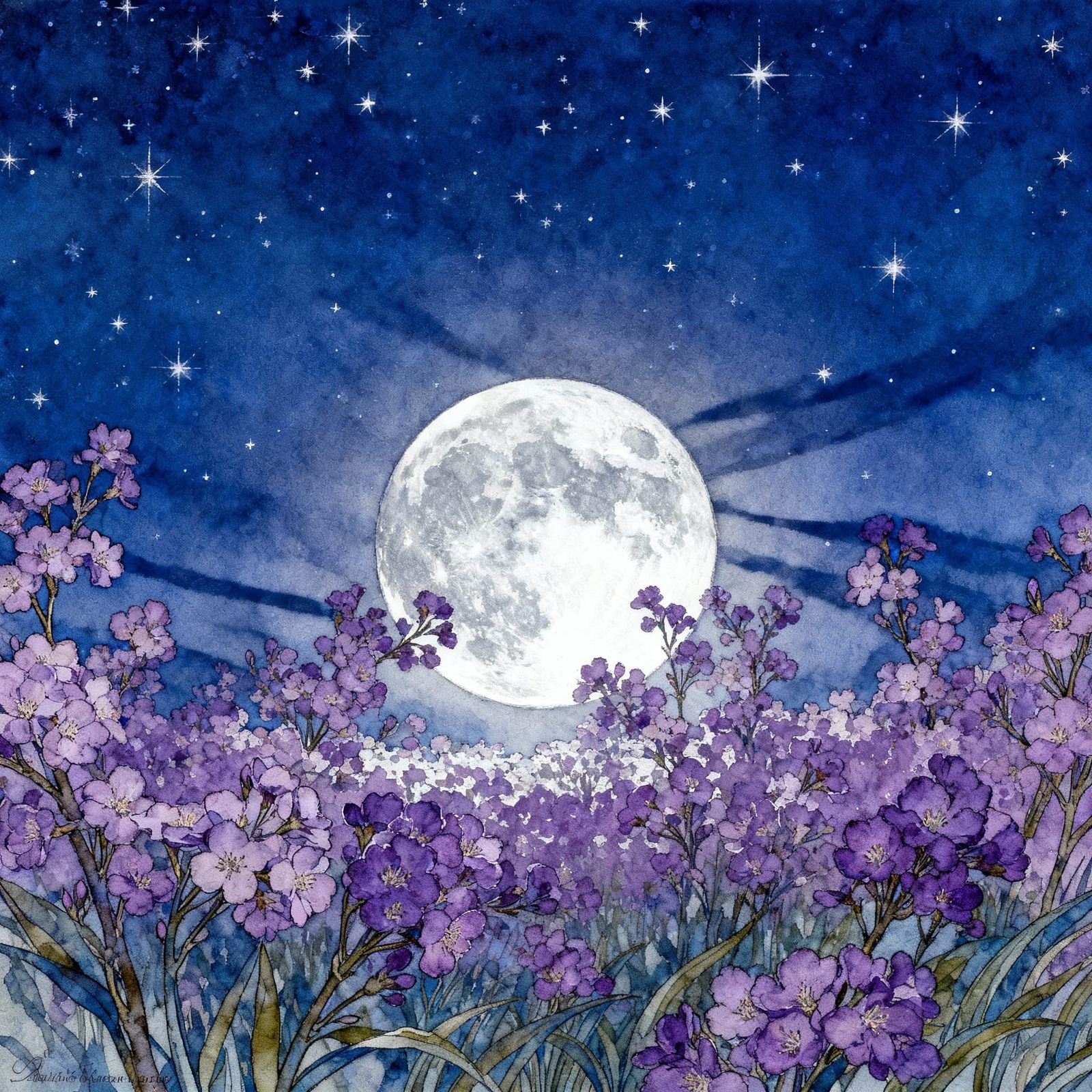 Enchanting Full Moon Over Purple Flowers in Dreamy Night Sky