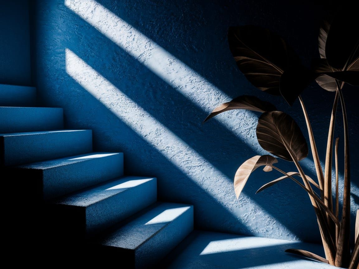 Dimly Lit Blue Concrete Staircase in Cinematic Style