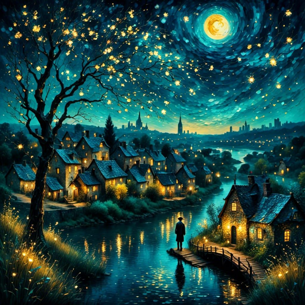 Starry Night Over River in Impasto Watercolor Style