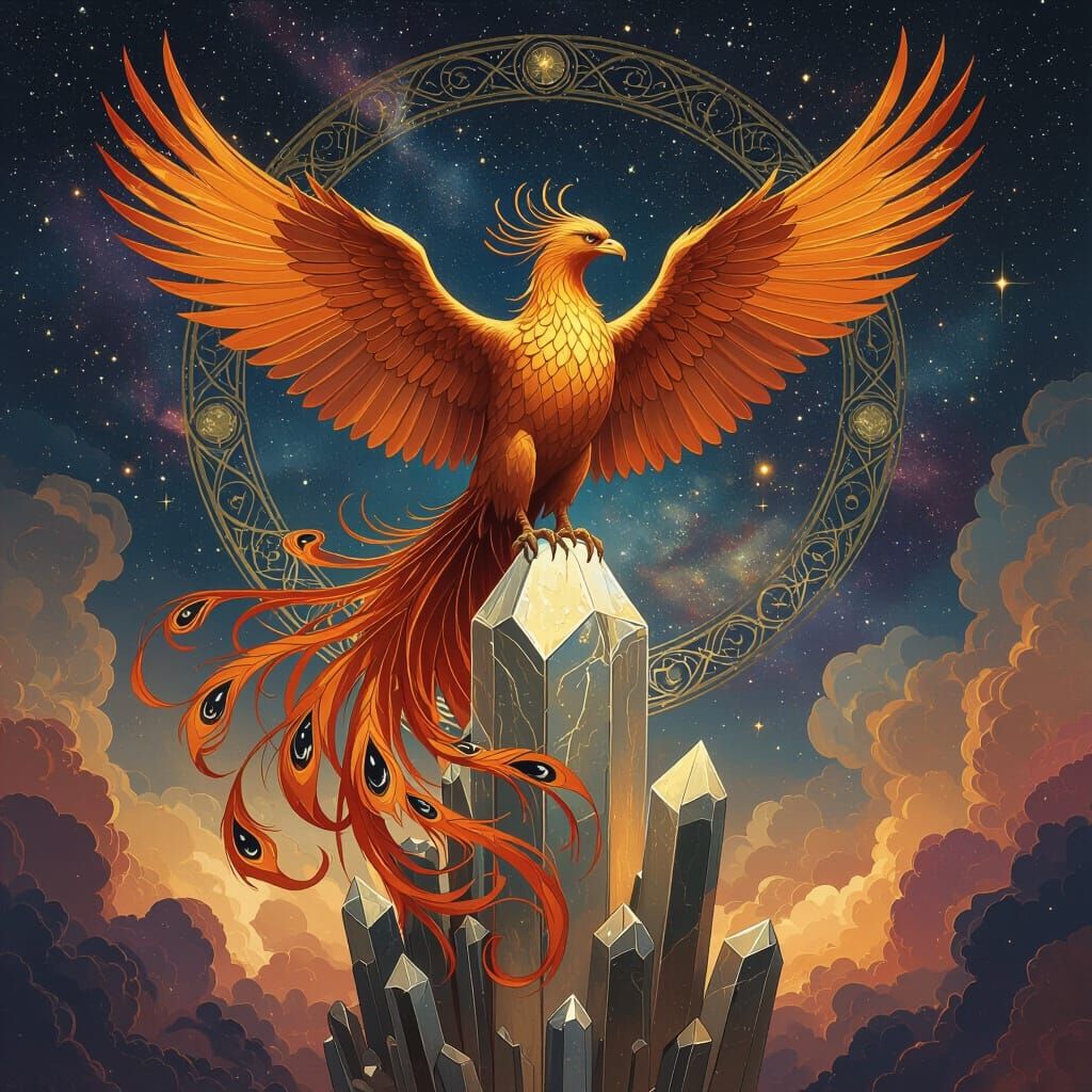Phoenix Perched on Crystal, Art Nouveau Digital Painting