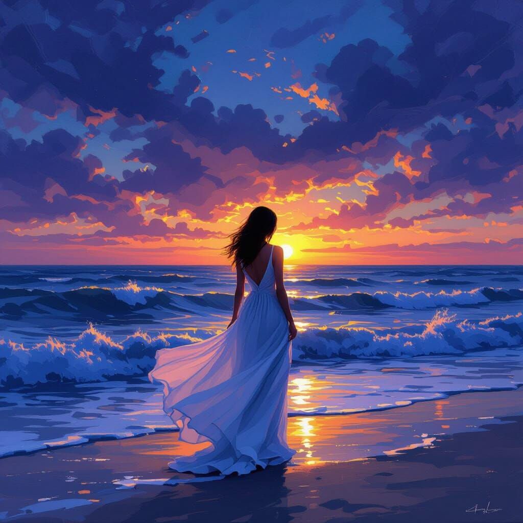 Woman by Purple Sea at Sunset: Impressionist Style