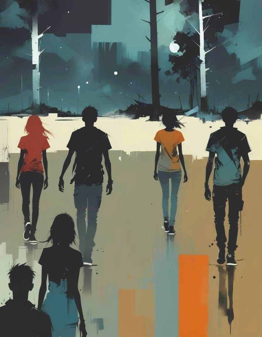 Teenagers in Abstract Landscape, Mixed Media Style
