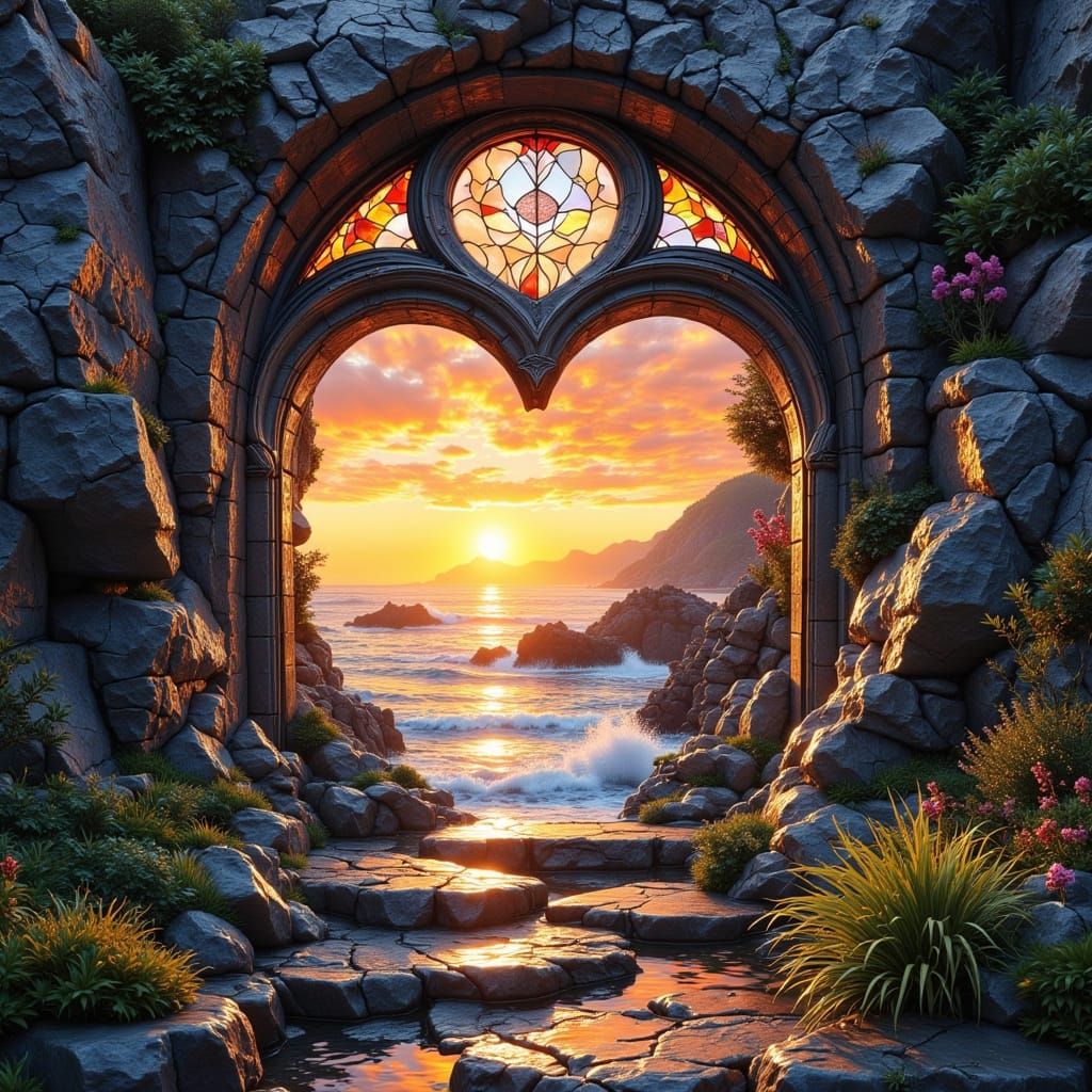 Heart Archway with Stained Glass in Impressionist Style