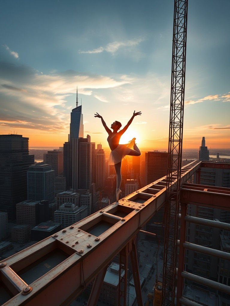 Ballet Dancer on Skyscraper at Sunset