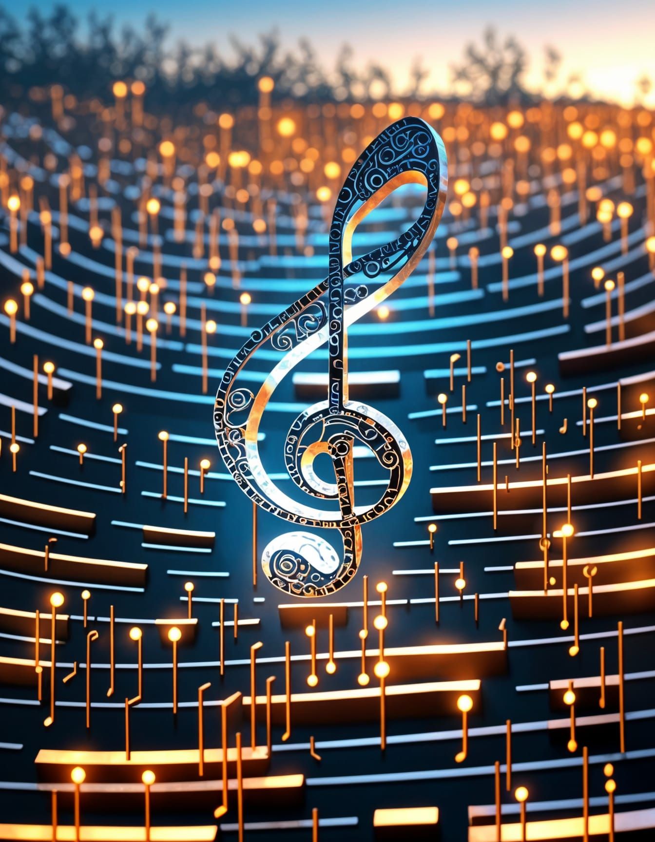 Cyborg Music Note with Steampunk Elements in 3D