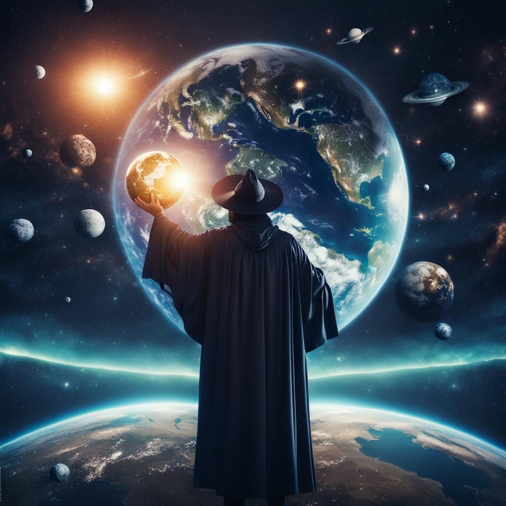 Epic Space Wizard Holding Earth in Galaxy