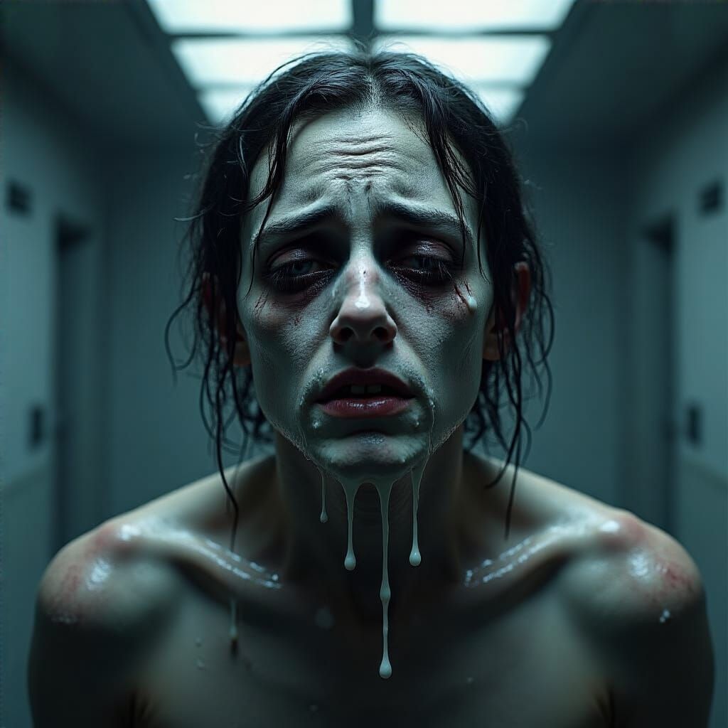 Person Sweating Milk in Dark Horror Illustration