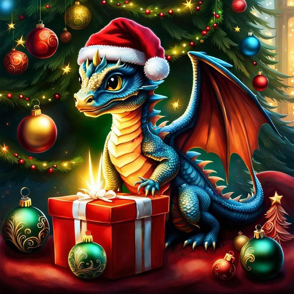 Festive Baby Dragon Celebrates Christmas: Storybook Illustra...