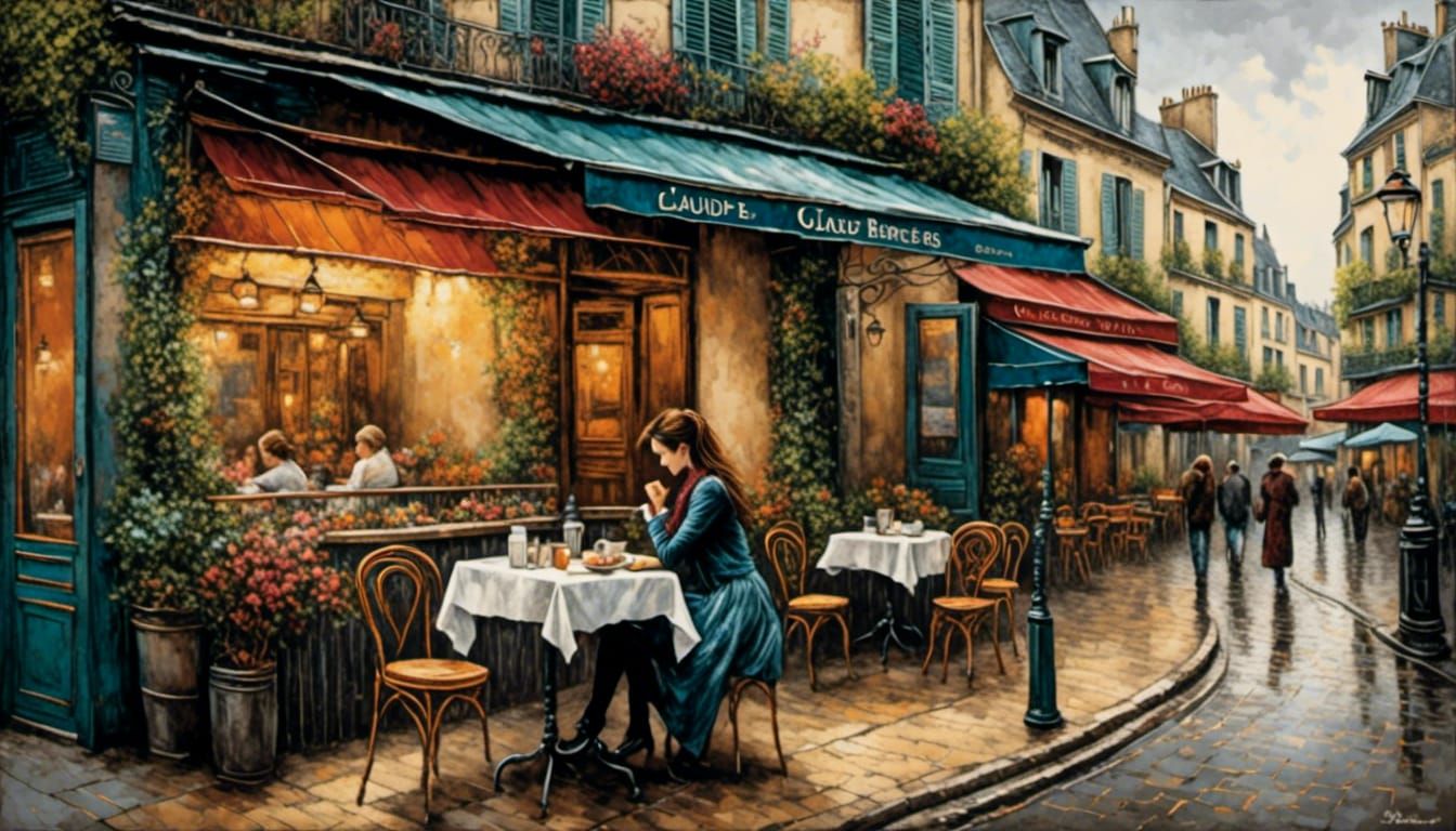 Parisian Cafe Scene in Impressionist Style