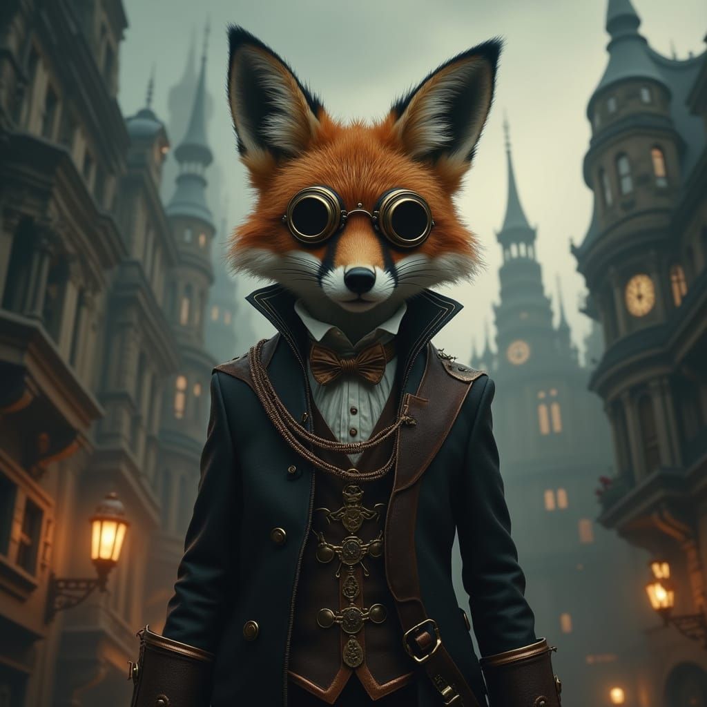 Steampunk Fox in Victorian Cityscape