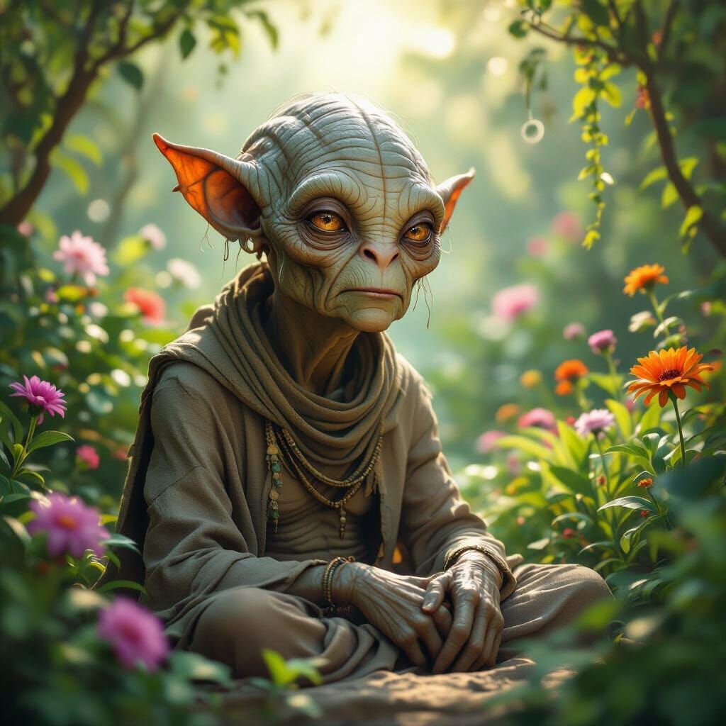 Wise Old Alien in a Tranquil Garden