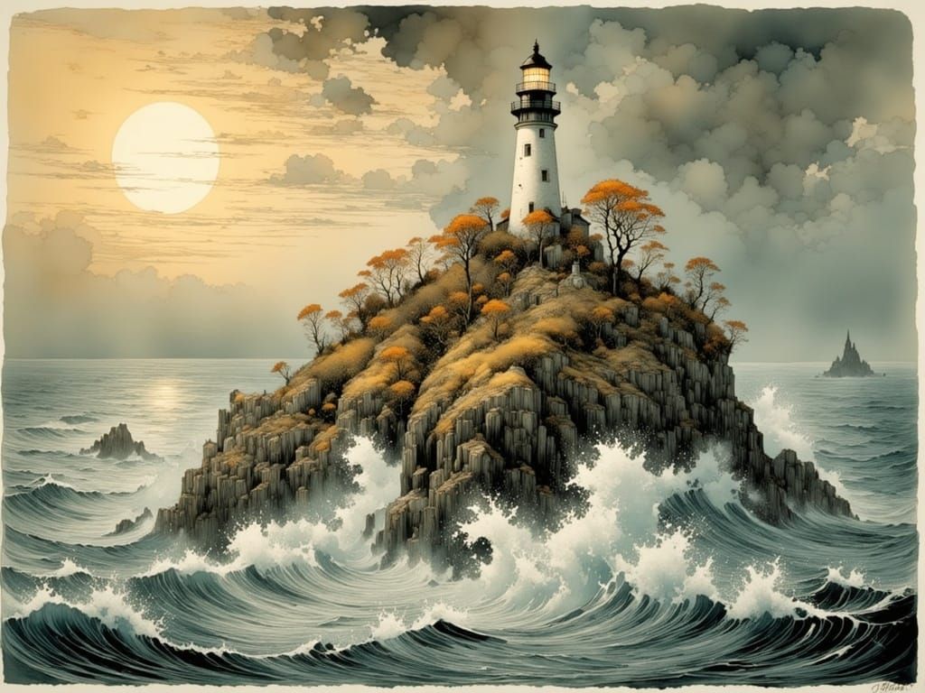 Lighthouse on Flowering Cliff Facing Giant Waves at Sunset