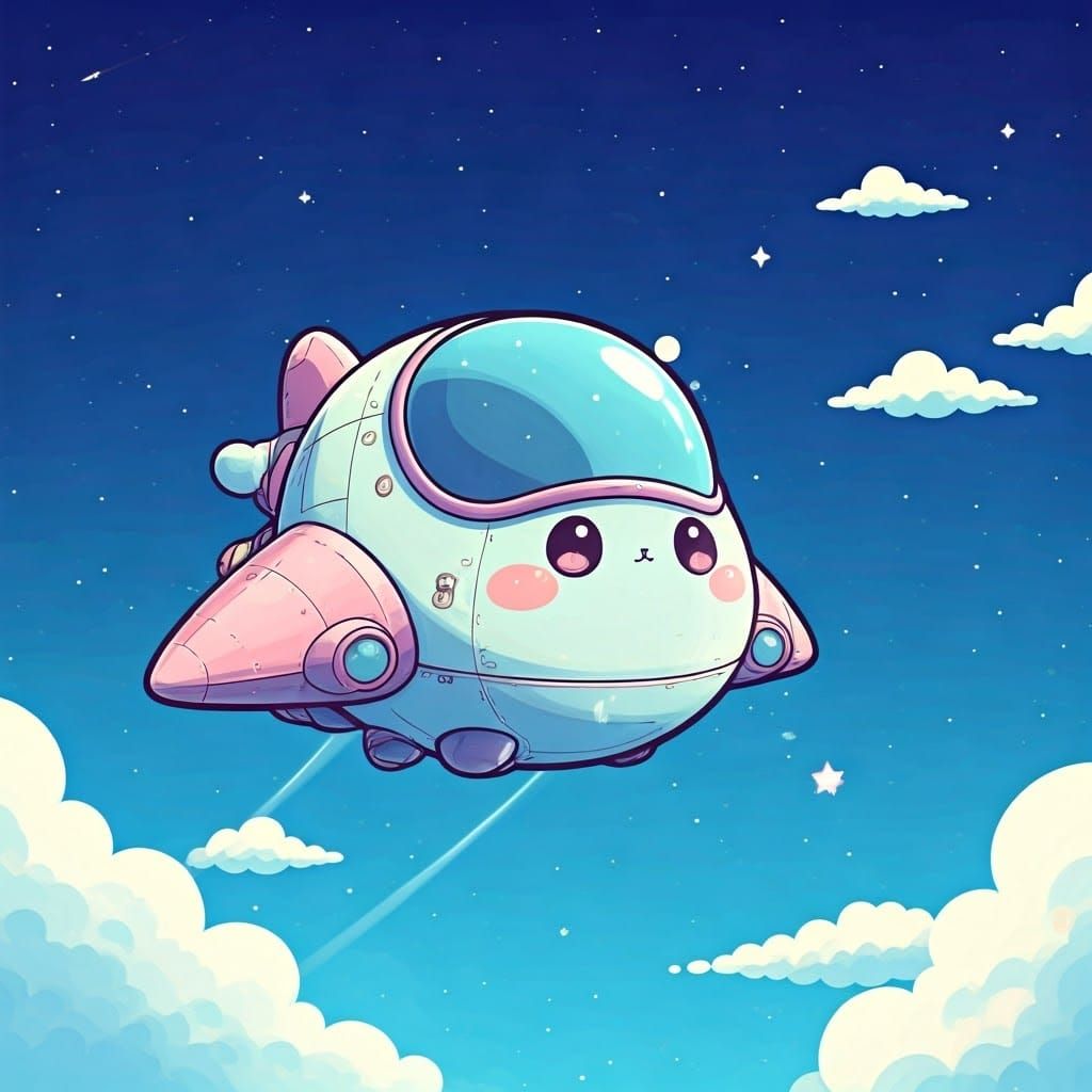 Whimsical Chibi Spaceship Soars Through Pastel Starry Night