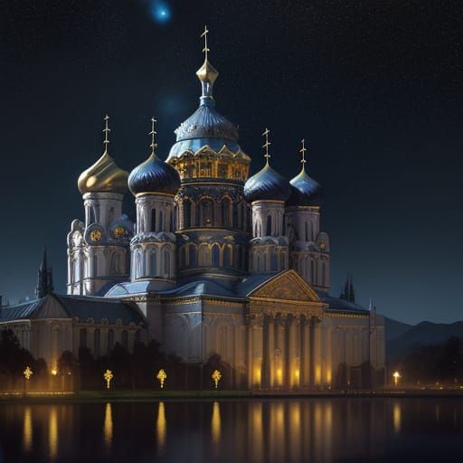 Ethereal Orthodox Cathedral Among the Stars in a Cosmic Land...