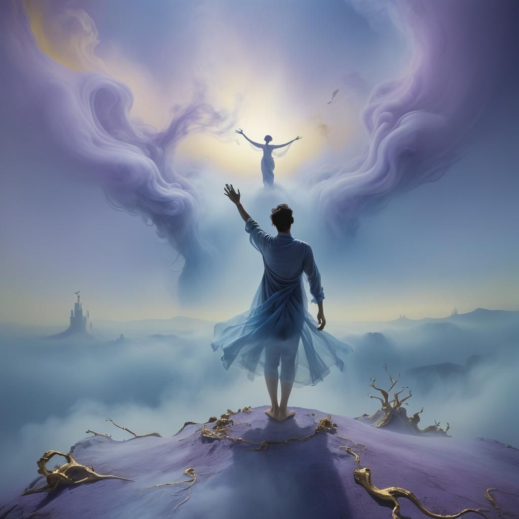 Surrealist Figure Ascending in Dreamy Landscape